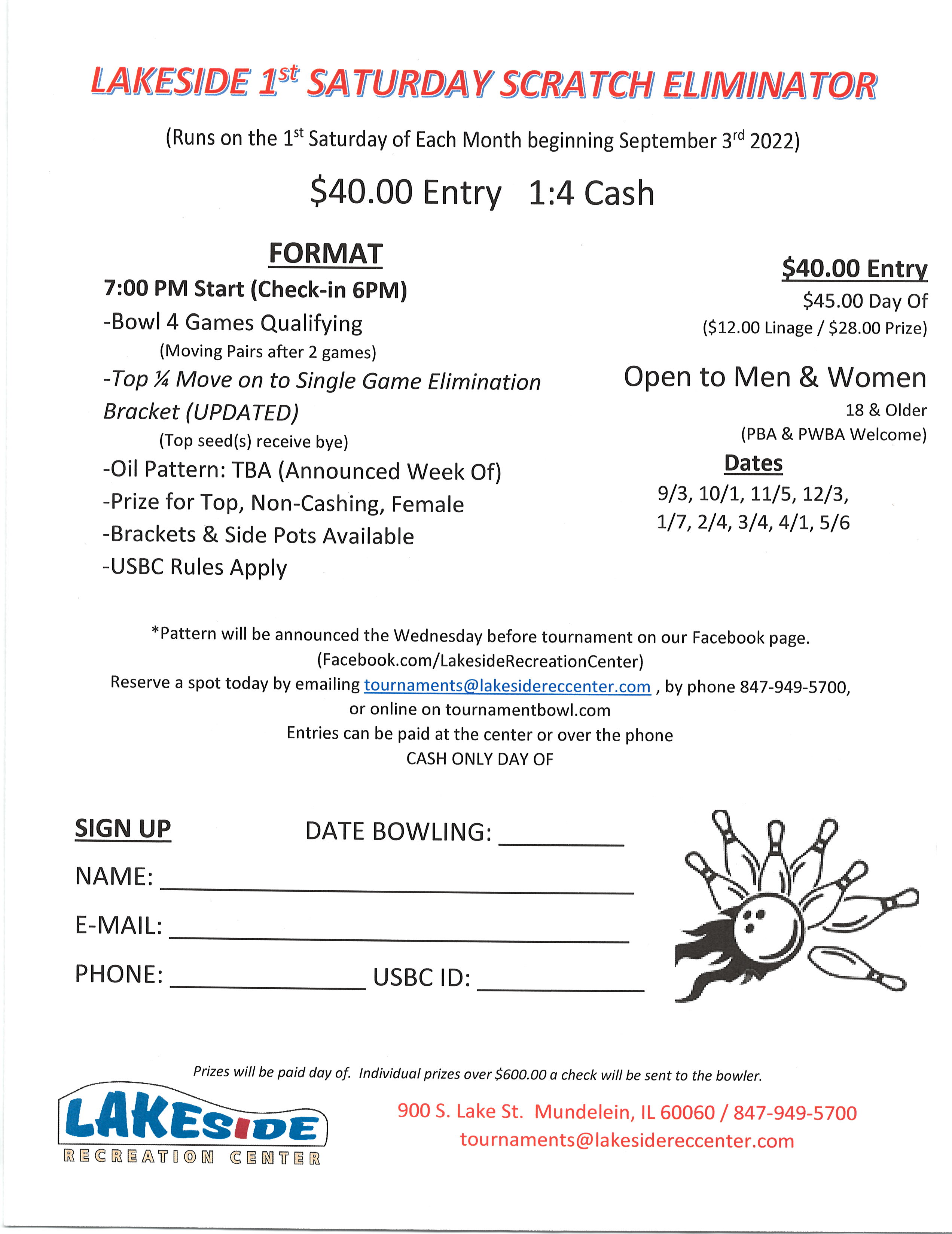 Lakeside Recreation Center 1st Saturday Scratch Eliminator Bowling Tournament