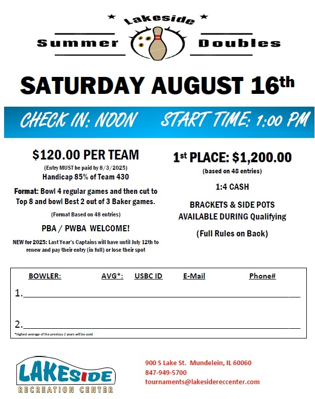 Lakeside Recreation Center Summer Doubles Bowling Tournament