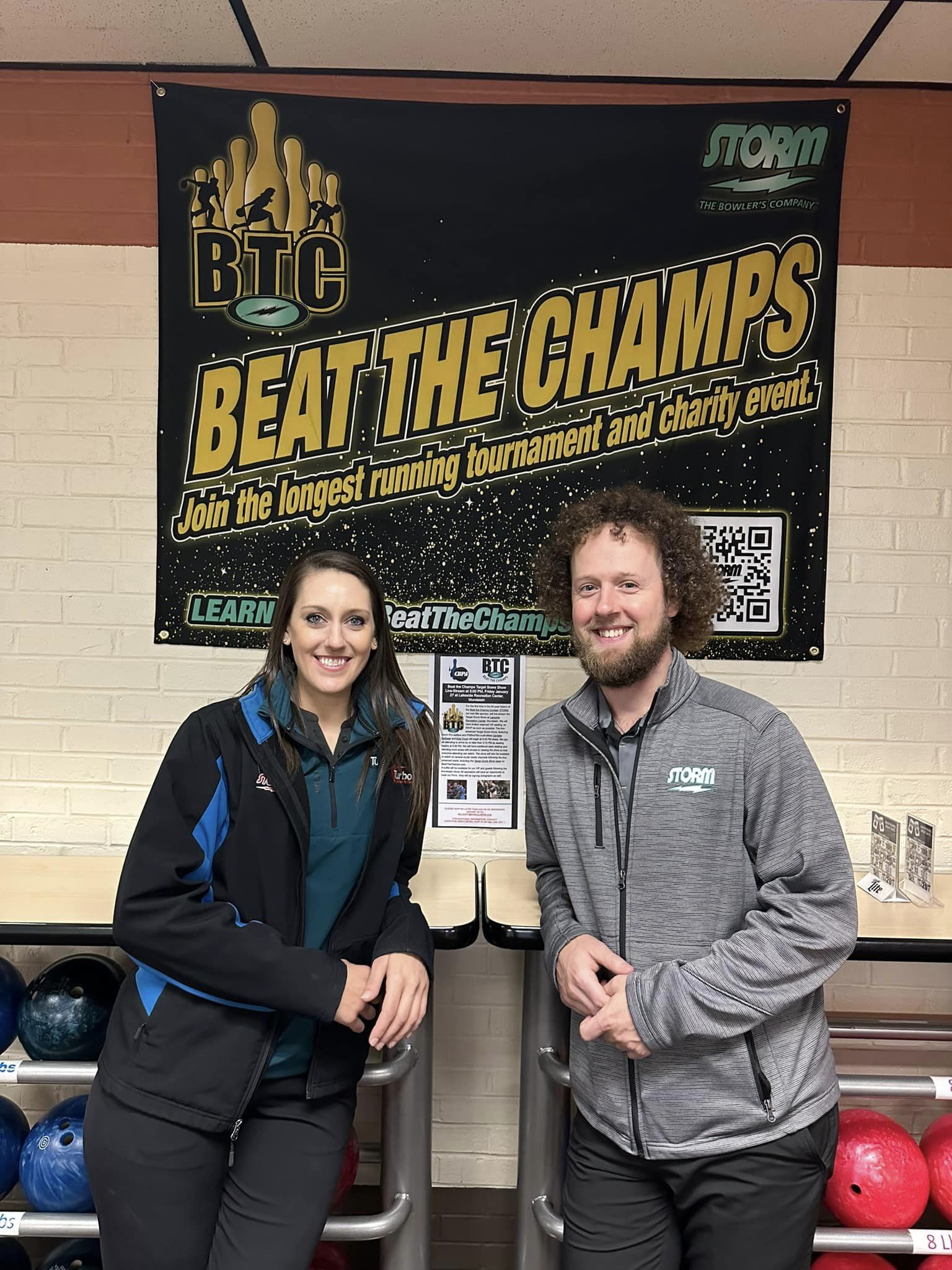 Storm Pro Staff bowlers Danielle McEwan and Kyle Troup at Lakeside Recreation Center.