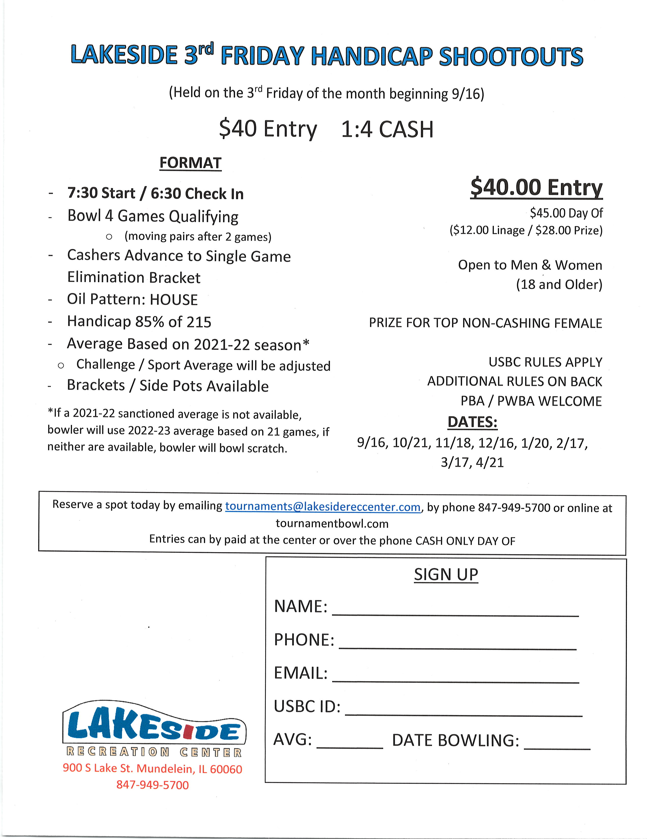Lakeside Recreation Center 3rd Friday Handicap Shootout Lakeside Recreation Center 3rd Friday Handicap Shootout