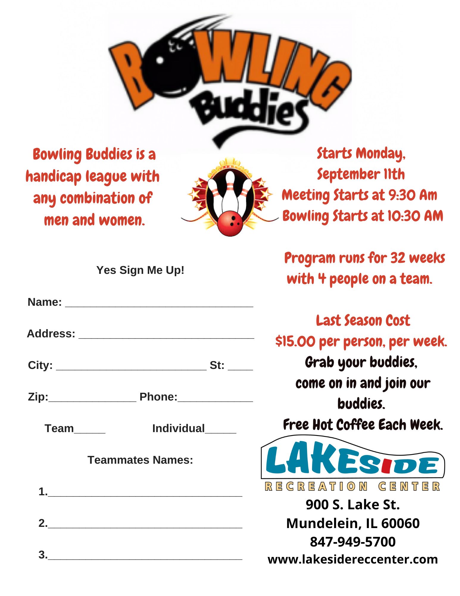 Bowling Buddies Monday Senior League Lakeside Recreation Center