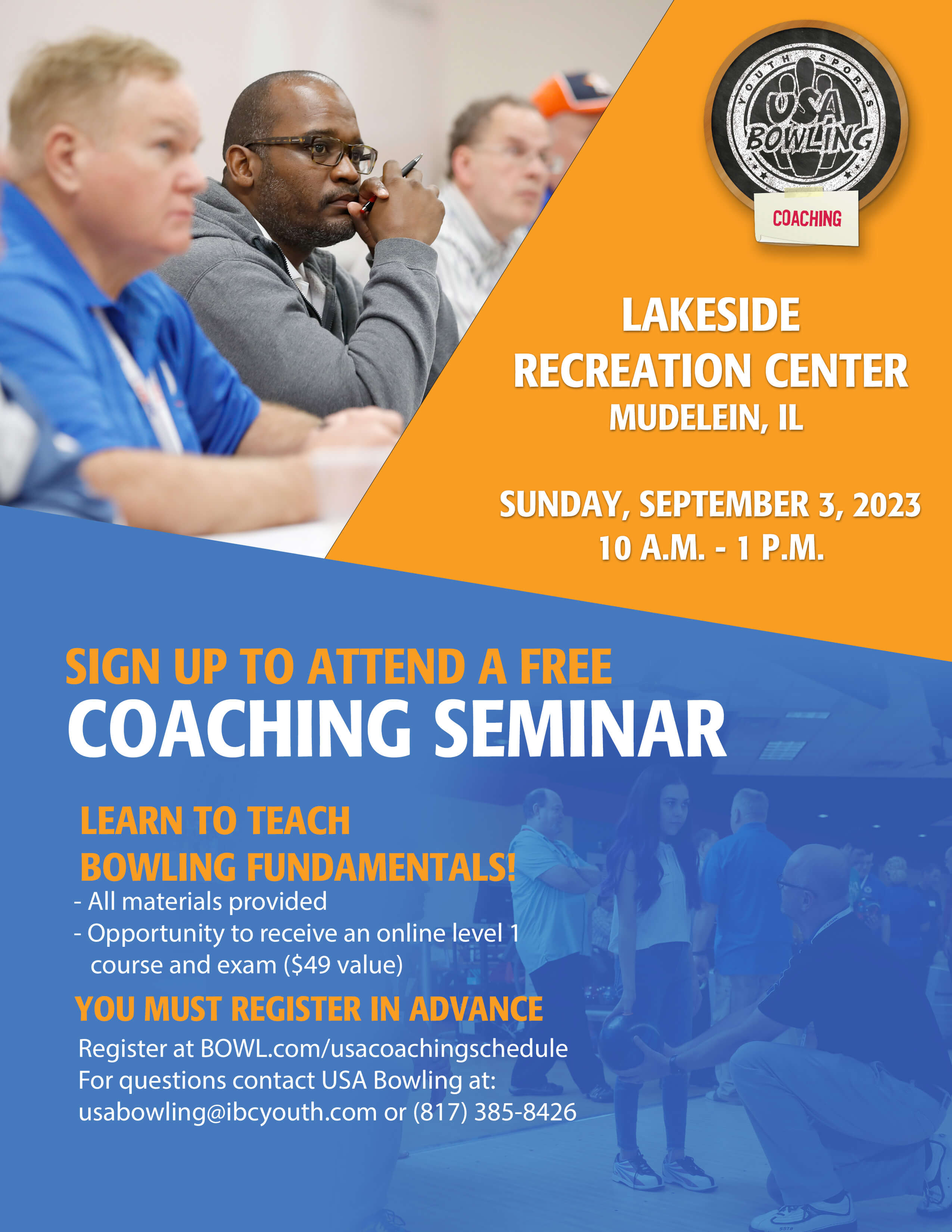 USA Bowling Free Coaching Seminar at Lakeside Recreation Center September 3, 2023