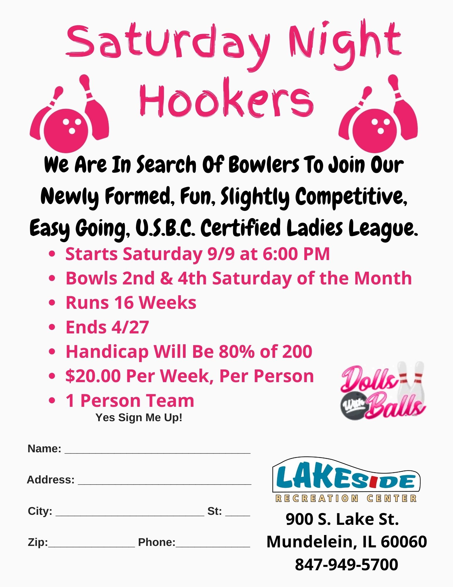 Saturday Night Hookers, Women's Singles League at Lakeside Recreation Center Saturday Night Hookers, Women's Singles League at Lakeside Recreation Center