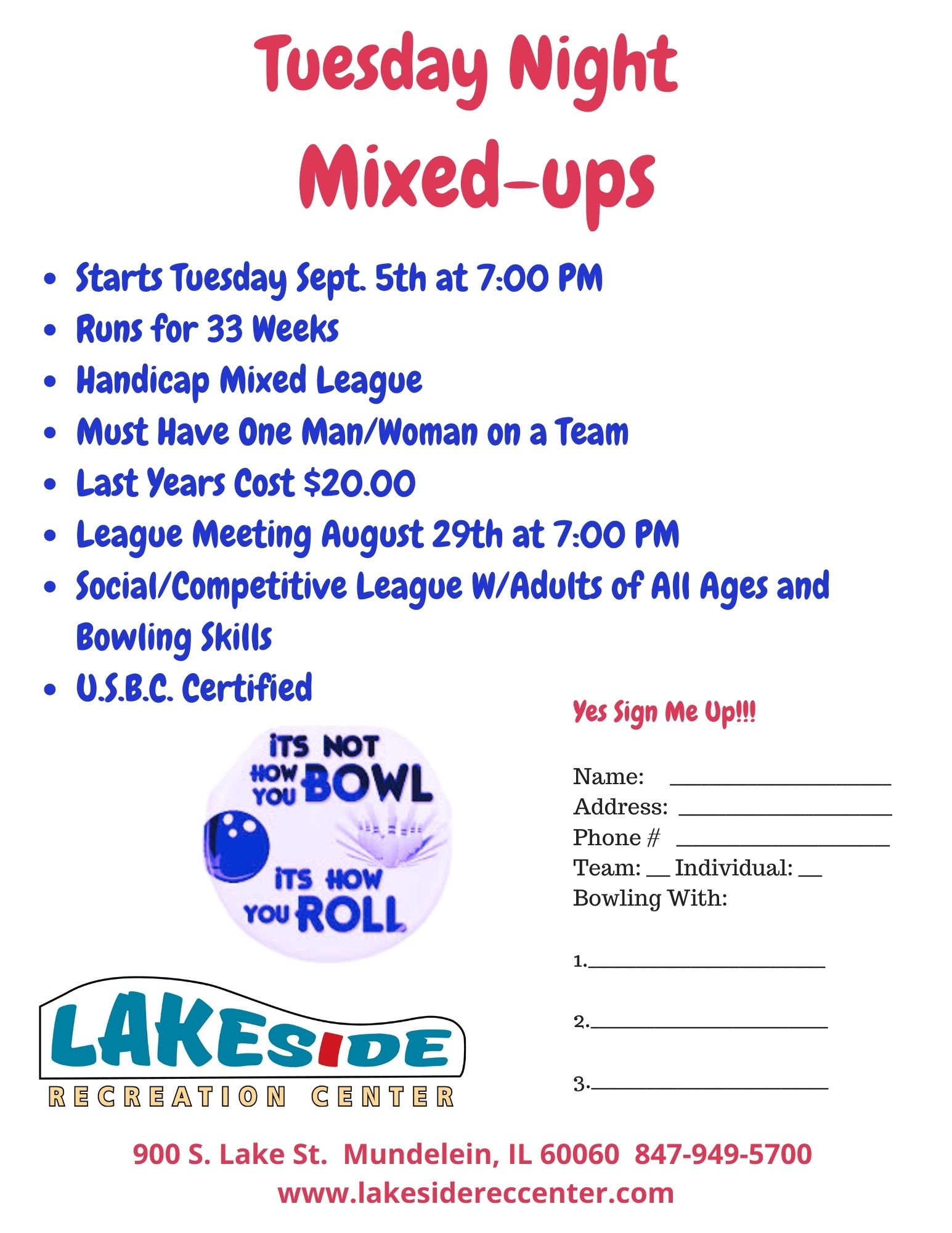 Tuesday Night Mixed Ups League at Lakeside Recreation Center