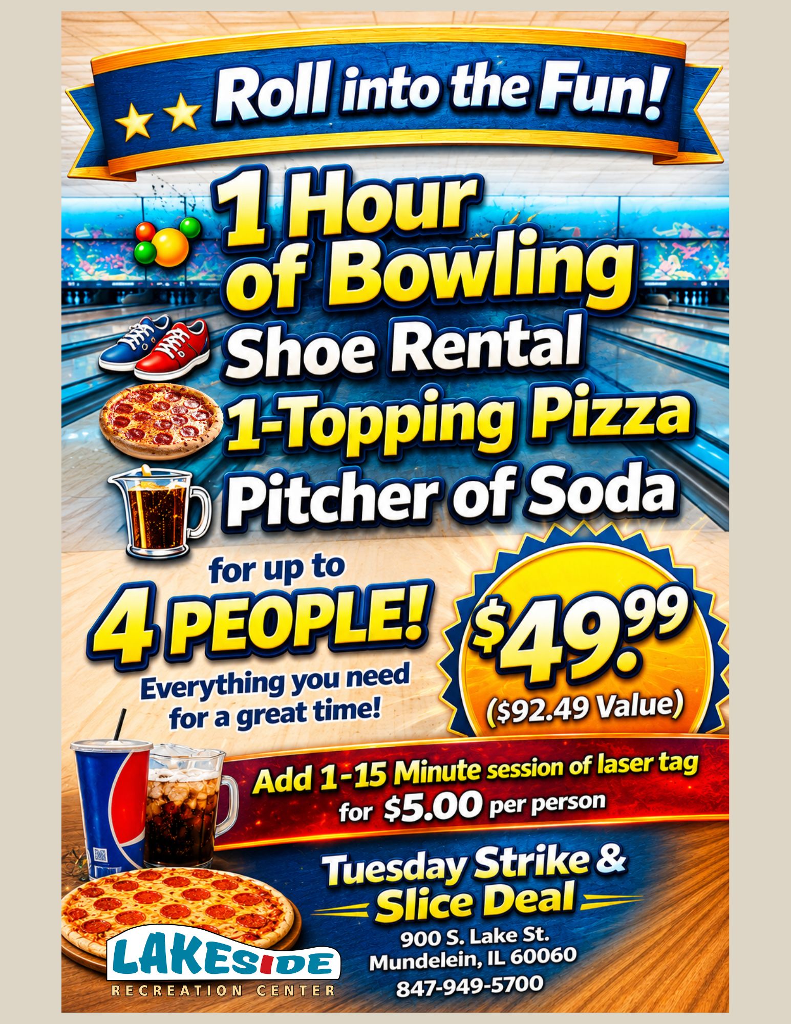 Lakeside Recreation Center Tuesday Bowling and Pizza Special this summer. 
