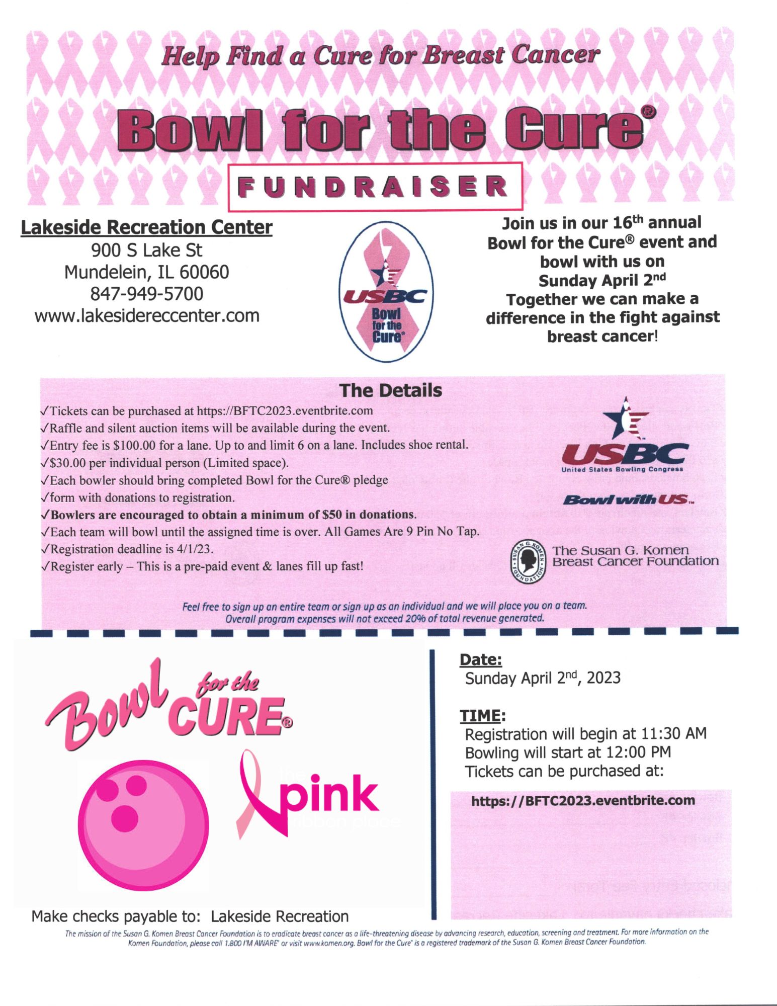 Bowl for the Cure Breast Cancer Fundraiser at Lakeside Recreation Center
